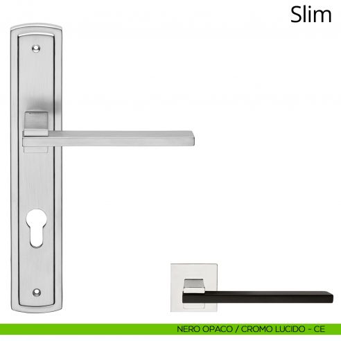 Maniglia con placca per porta Slim Linea Calì - nero opaco + cromo lucido - foro yale