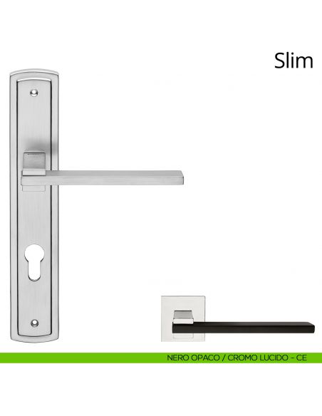 Maniglia con placca per porta Slim Linea Calì - nero opaco + cromo lucido - foro yale