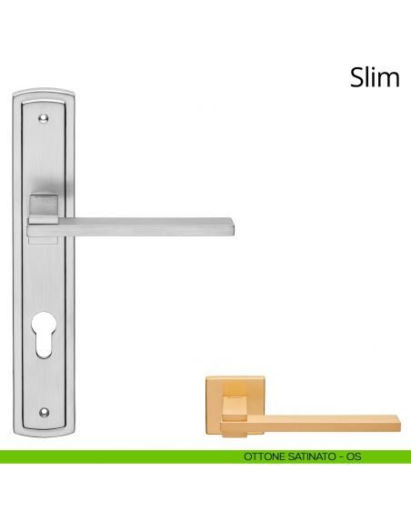 Maniglia con placca per porta Slim Linea Calì - ottone satinato - foro yale