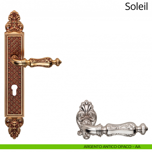 Maniglia con placca per porta Soleil Linea Calì - argento antico opaco - foro yale