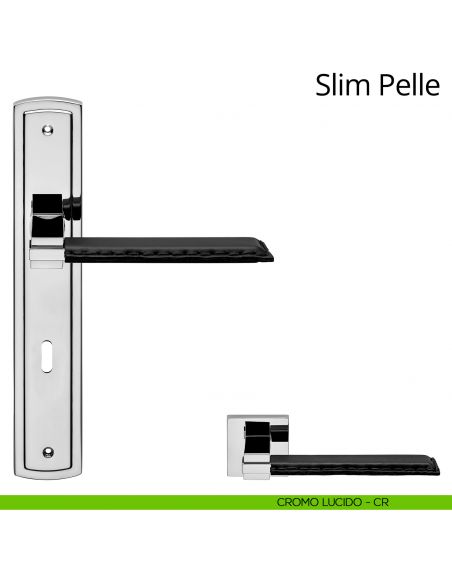 Maniglia con placca per porta Slim Pelle Linea Calì - cromo lucido - foro patent