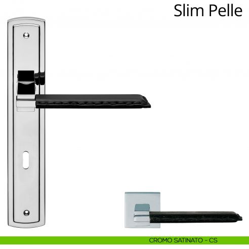 Maniglia con placca per porta Slim Pelle Linea Calì - cromo satinato - foro patent