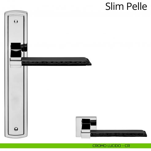Maniglia con placca per porta Slim Pelle Linea Calì - cromo lucido - placca cieca