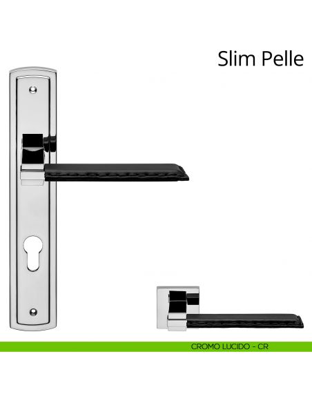 Maniglia con placca per porta Slim Pelle Linea Calì - cromo lucido - foro yale
