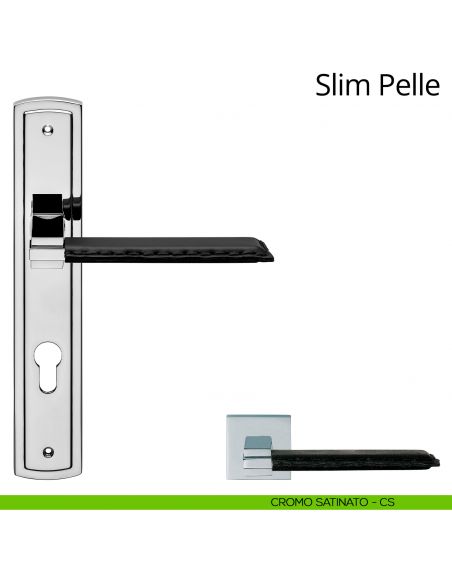Maniglia con placca per porta Slim Pelle Linea Calì - cromo satinato - foro yale