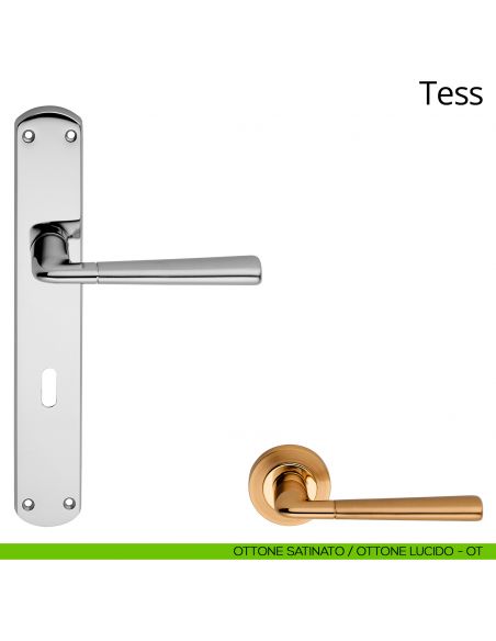 Maniglia con placca per porta Tess Linea Calì - ottone satinato + ottone lucido - foro patent