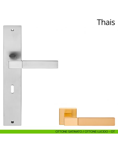 Maniglia con placca per porta Thais Linea Calì - ottone satinato + ottone lucido - foro patent