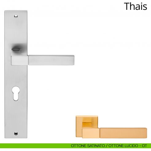 Maniglia con placca per porta Thais Linea Calì - ottone satinato + ottone lucido - foro yale