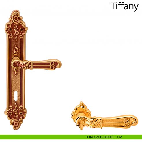 Maniglia con placca per porta Tiffany Linea Calì - oro zecchino - foro patent