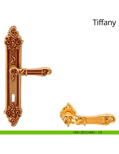 Maniglia con placca per porta Tiffany Linea Calì - oro zecchino - foro patent