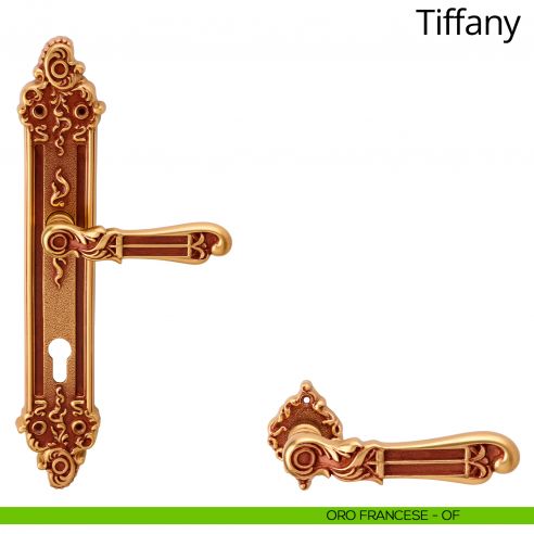 Maniglia con placca per porta Tiffany Linea Calì - oro francese - foro yale