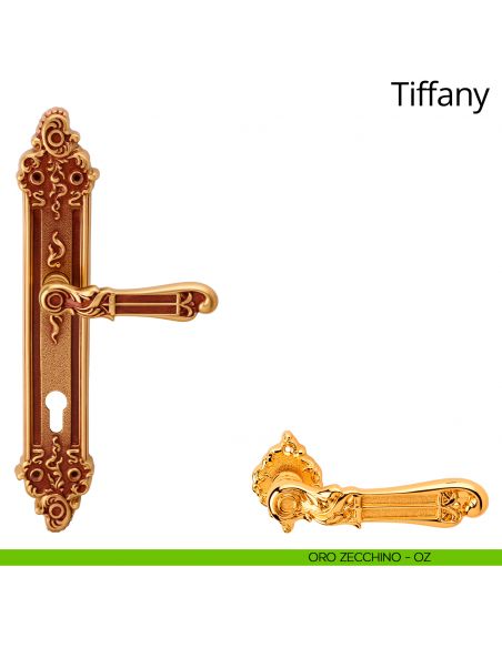 Maniglia con placca per porta Tiffany Linea Calì - oro zecchino - foro yale