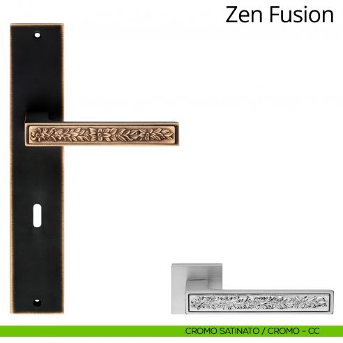 Maniglia con placca per porta Zen Fusion Linea Calì - cromo satinato + cromo lucido - foro patent