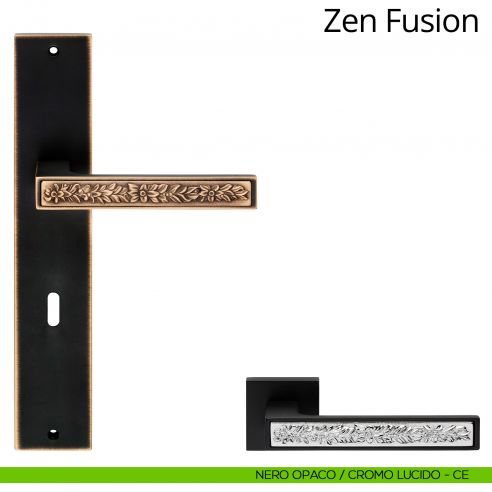 Maniglia con placca per porta Zen Fusion Linea Calì - nero opaco + cromo lucido - foro patent