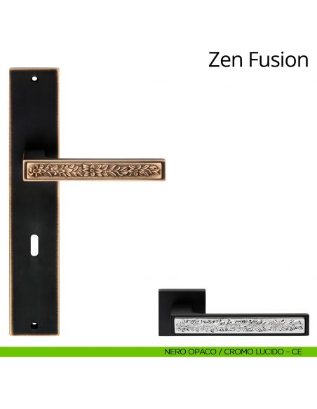 Maniglia con placca per porta Zen Fusion Linea Calì - nero opaco + cromo lucido - foro patent