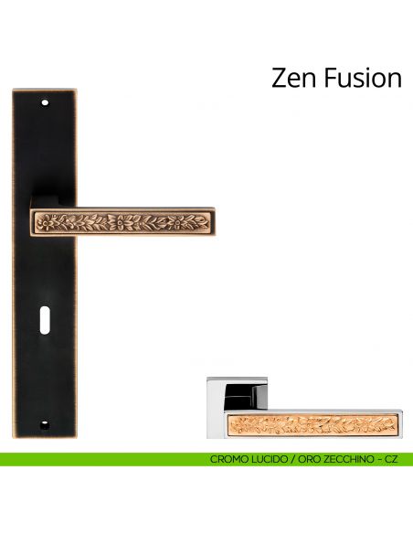 Maniglia con placca per porta Zen Fusion Linea Calì - cromo lucido + oro zecchino - foro patent