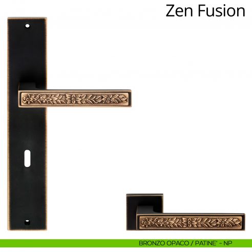 Maniglia con placca per porta Zen Fusion Linea Calì - bronzo opaco + patinè - foro patent