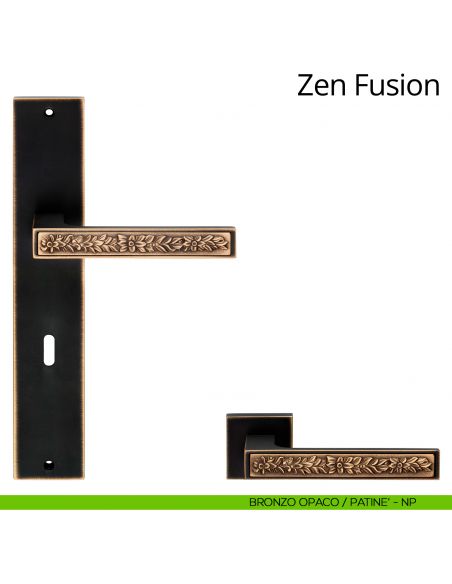 Maniglia con placca per porta Zen Fusion Linea Calì - bronzo opaco + patinè - foro patent