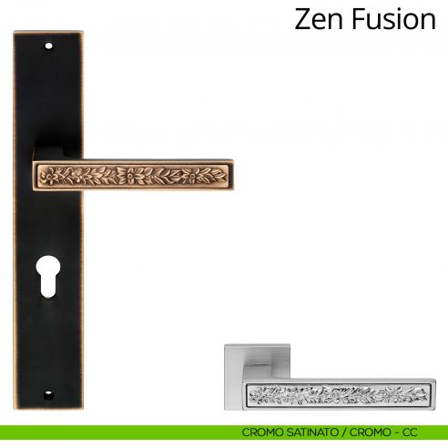 Maniglia con placca per porta Zen Fusion Linea Calì - cromo satinato + cromo lucido - foro yale