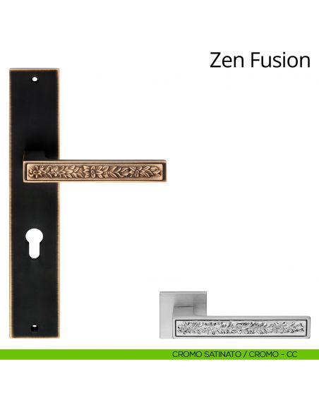 Maniglia con placca per porta Zen Fusion Linea Calì - cromo satinato + cromo lucido - foro yale