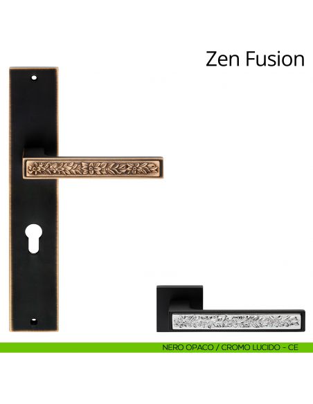 Maniglia con placca per porta Zen Fusion Linea Calì - nero opaco + cromo lucido - foro yale