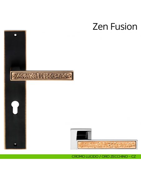 Maniglia con placca per porta Zen Fusion Linea Calì - cromo lucido + oro zecchino - foro yale