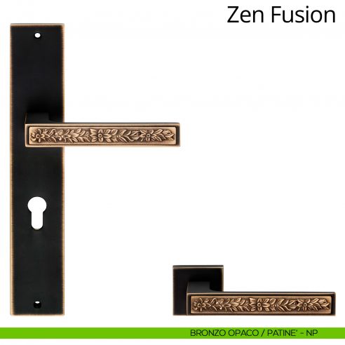 Maniglia con placca per porta Zen Fusion Linea Calì - bronzo opaco + patinè - foro yale