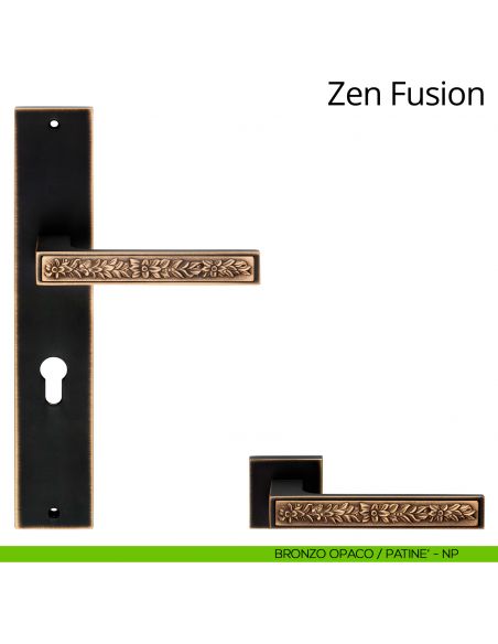 Maniglia con placca per porta Zen Fusion Linea Calì - bronzo opaco + patinè - foro yale