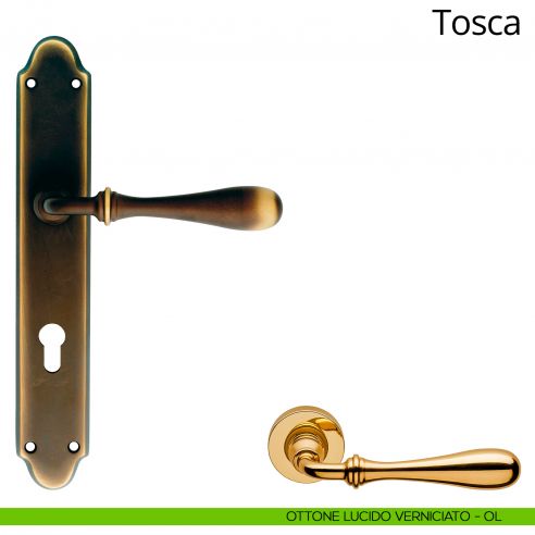 Maniglia con placca per porta Tosca Linea Calì - ottone lucido verniciato - foro yale