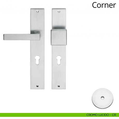 Maniglia per hotel su placca Corner con pomolo fisso Linea Calì cromo lucido