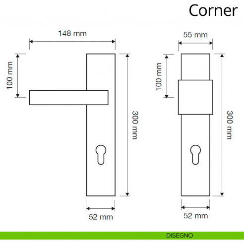 Maniglia per hotel su placca Corner con pomolo fisso Linea Calì disegno