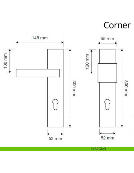 Maniglia per hotel su placca Corner con pomolo fisso Linea Calì disegno