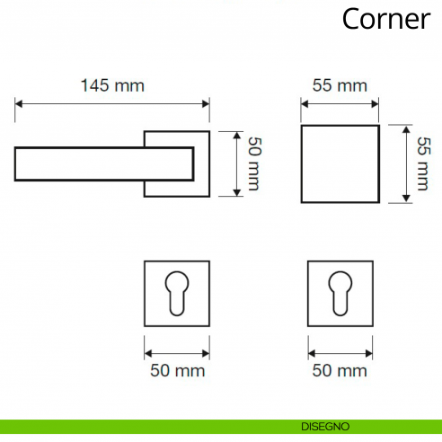 Maniglia per hotel su rosetta Corner con pomolo fisso Linea Calì disegno