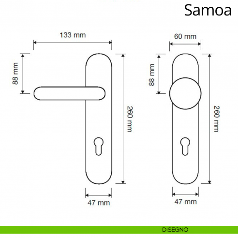 Maniglia per hotel su placca Samoa con pomolo Sfera fisso Linea Calì disegno