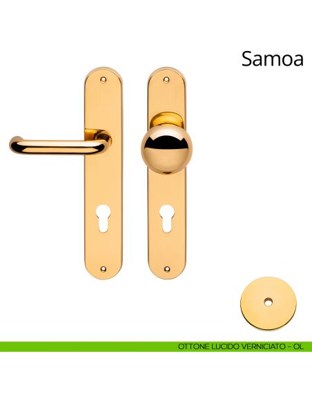 Maniglia per hotel su placca Samoa con pomolo Sfera fisso Linea Calì ottone lucido verniciato