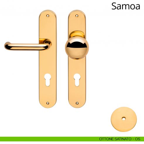 Maniglia per hotel su placca Samoa con pomolo Sfera fisso Linea Calì ottone satinato