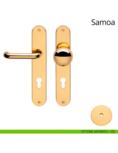 Maniglia per hotel su placca Samoa con pomolo Sfera fisso Linea Calì ottone satinato