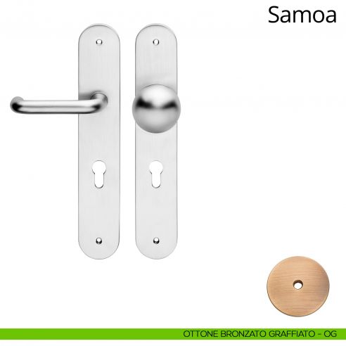 Kit maniglia con pomolo su placca big per hotel Samoa Linea Calì ottone bronzato graffiato