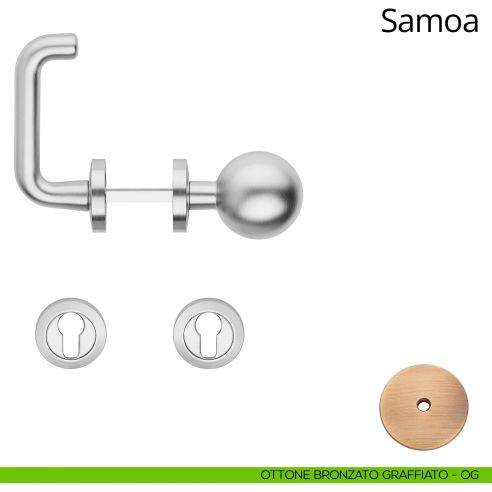 Maniglia per hotel su rosetta Samoa con pomolo Sfera fisso Linea Calì ottone bronzato graffiato