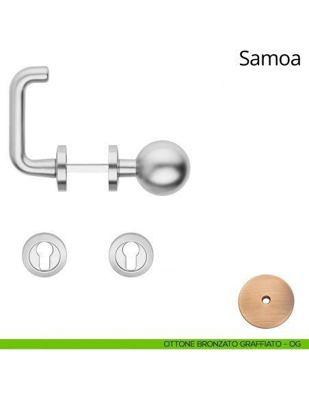 Maniglia per hotel su rosetta Samoa con pomolo Sfera fisso Linea Calì ottone bronzato graffiato