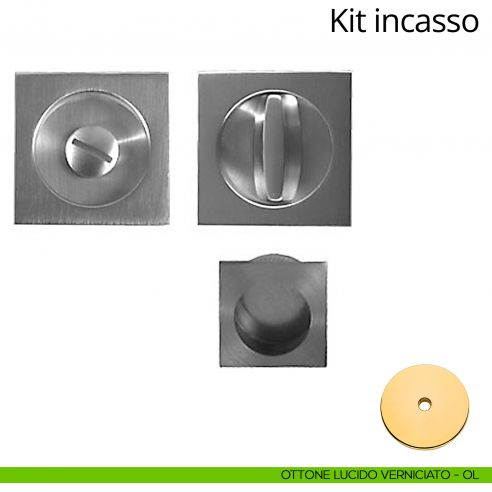 Kit maniglia incasso quadrata con nottolino, taglio vite e maniglia di trascinamento Linea Calì ottone lucido verniciato