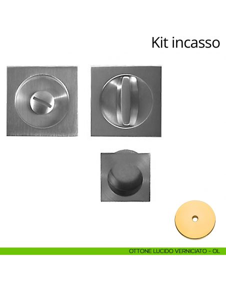 Kit maniglia incasso quadrata con nottolino, taglio vite e maniglia di trascinamento Linea Calì ottone lucido verniciato