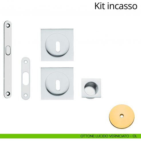 Kit maniglia incasso quadrata foro chiave con maniglia di trascinamento, serratura e chiave Linea Calì ottone lucido verniciato