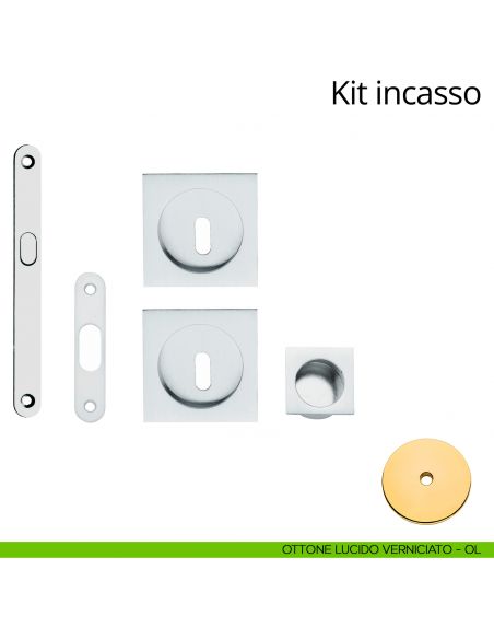Kit maniglia incasso quadrata foro chiave con maniglia di trascinamento, serratura e chiave Linea Calì ottone lucido verniciato