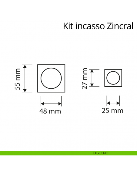 Kit maniglia incasso quadrata con nottolino, taglio vite e maniglia di trascinamento Zincral Linea Calì disegno