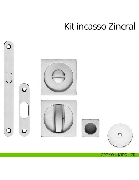Kit maniglia incasso quadrata con nottolino, taglio vite, maniglia di trascinamento e serratura Zincral Linea Calì cromo lucido
