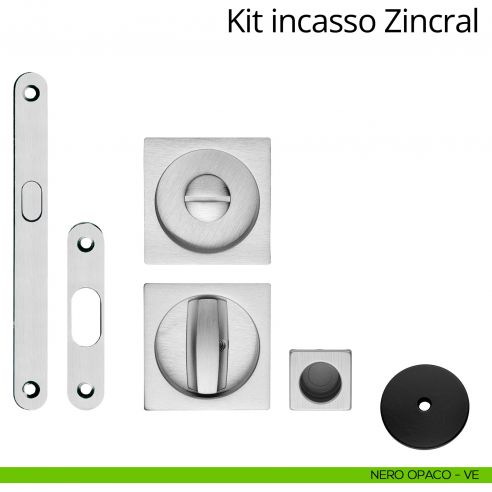 Kit maniglia incasso quadrata con nottolino, taglio vite, maniglia di trascinamento e serratura Zincral Linea Calì nero opaco