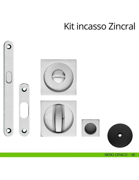 Kit maniglia incasso quadrata con nottolino, taglio vite, maniglia di trascinamento e serratura Zincral Linea Calì nero opaco