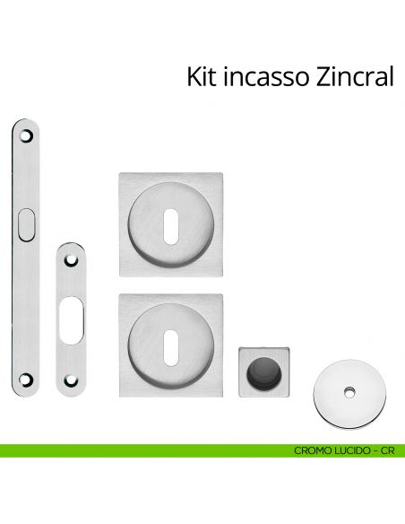 Kit maniglia incasso quadrata foro chiave con maniglia di trascinamento, serratura e chiave Zincral Linea Calì cromo lucido