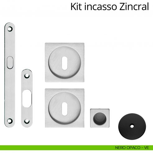 Kit maniglia incasso quadrata foro chiave con maniglia di trascinamento, serratura e chiave Zincral Linea Calì nero opaco